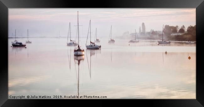Misty Sunrise on the river Framed Print by Julia Watkins