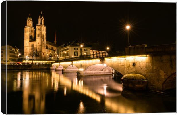 Grossmuenster Cathedral in Zurich at night Canvas Print by DiFigiano Photography