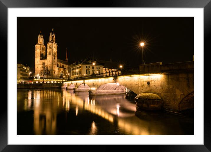 Grossmuenster Cathedral in Zurich at night Framed Mounted Print by DiFigiano Photography