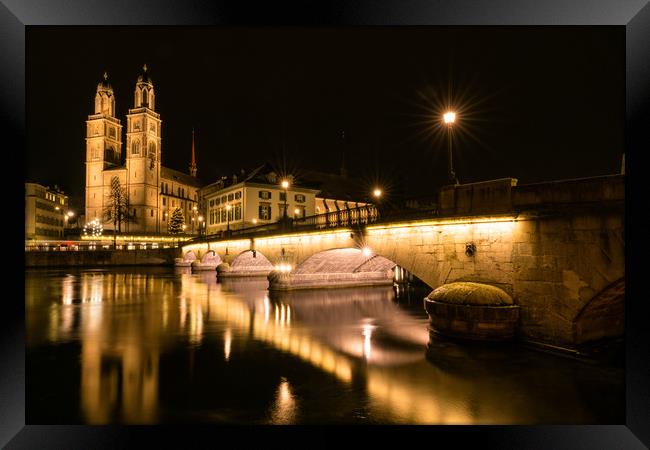 Grossmuenster Cathedral in Zurich at night Framed Print by DiFigiano Photography