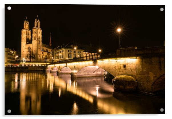Grossmuenster Cathedral in Zurich at night Acrylic by DiFigiano Photography