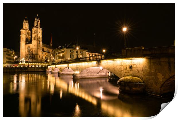 Grossmuenster Cathedral in Zurich at night Print by DiFigiano Photography