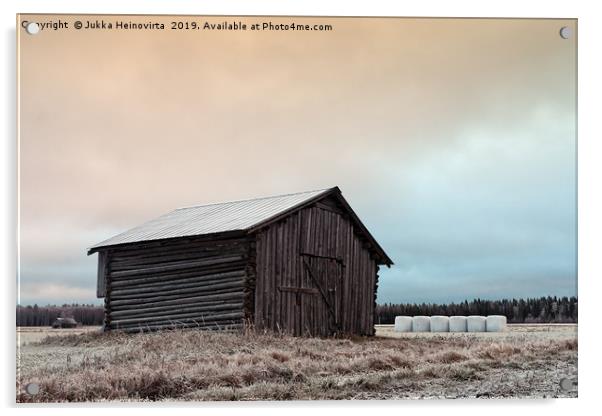 Old Barn On The Frosty Fields With White Bales Acrylic by Jukka Heinovirta