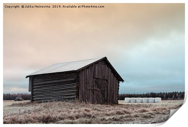 Old Barn On The Frosty Fields With White Bales Print by Jukka Heinovirta