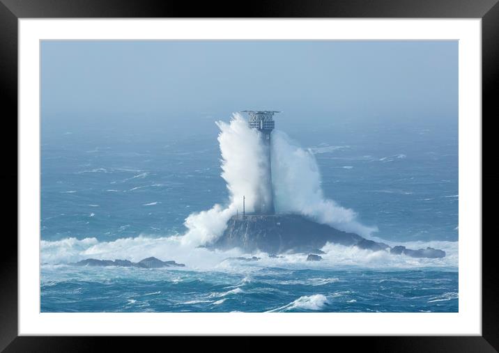 Storm Diana crashing into the Longships Lighthouse Framed Mounted Print by CHRIS BARNARD