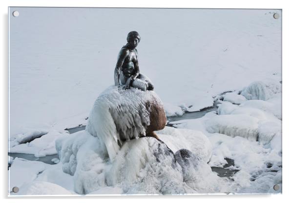 Frozen canal near statue of The Little Mermaid in  Acrylic by Dalius Baranauskas