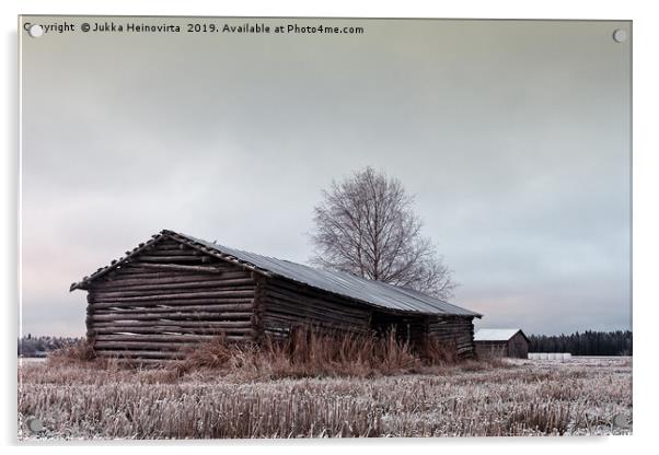 Old Barn Houses On The Frosty Fields Acrylic by Jukka Heinovirta