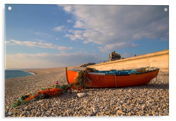 Rowing boat on Chesil Beach Dorset Acrylic by CHRIS BARNARD