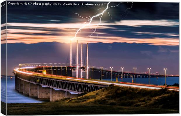 Lightening Strike on the Oresund Bridge Canvas Print by K7 Photography