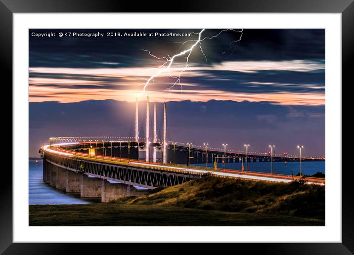 Lightening Strike on the Oresund Bridge Framed Mounted Print by K7 Photography