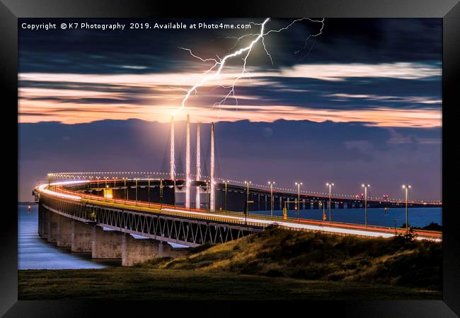 Lightening Strike on the Oresund Bridge Framed Print by K7 Photography