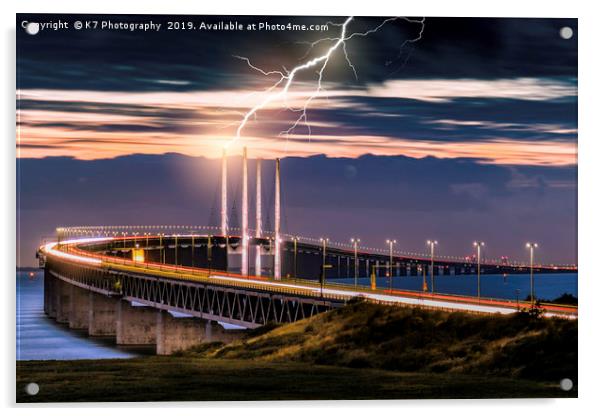 Lightening Strike on the Oresund Bridge Acrylic by K7 Photography