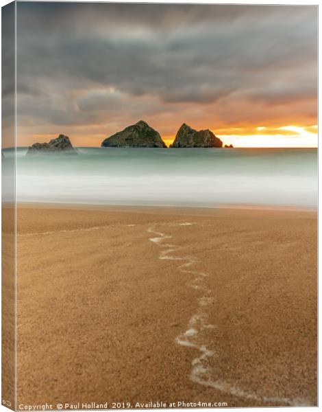Sunset at Gull Rocks, Holywell Bay Canvas Print by Paul Holland