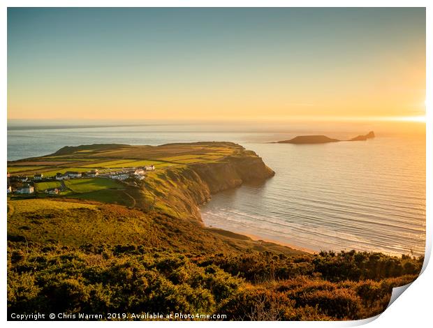 Rhossilli Bay Gower Wales at sunset Print by Chris Warren