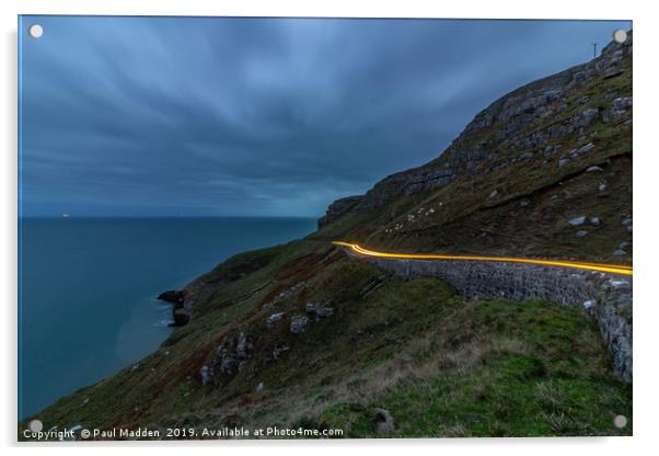 Car lights around the Great Orme Acrylic by Paul Madden