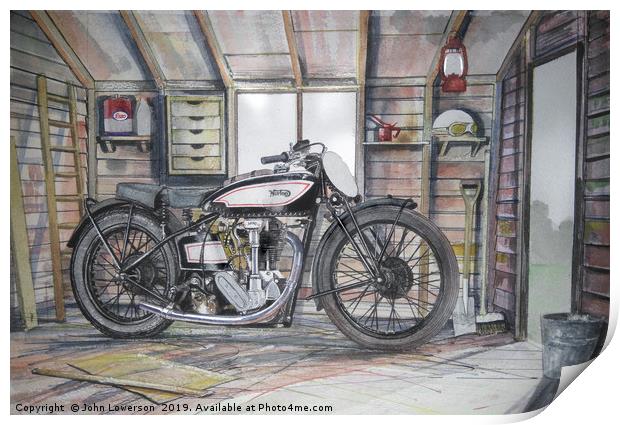 An Old motorcycle in the Shed Print by John Lowerson