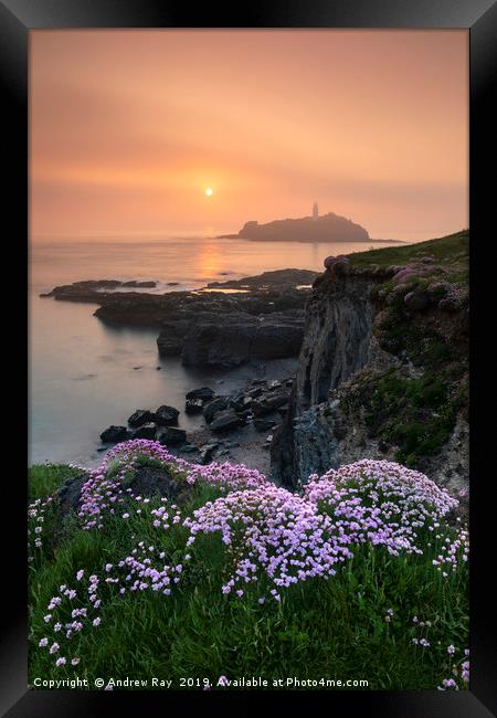 Misty sping sunset (Godrevy) Framed Print by Andrew Ray