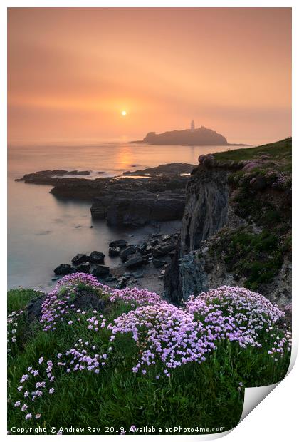 Misty sping sunset (Godrevy) Print by Andrew Ray