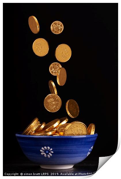 Pot of gold with blurred falling coins Print by Simon Bratt LRPS