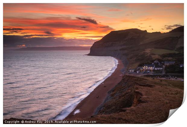 The Golden Cap and Seatown at sunset Print by Andrew Ray