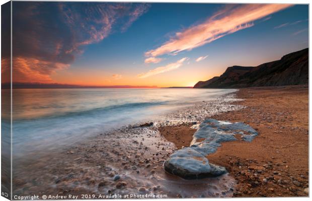 Sunset over Eype Mouth Beach. Canvas Print by Andrew Ray