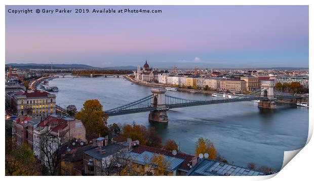 The river Danube and Budapest at sunset Print by Gary Parker