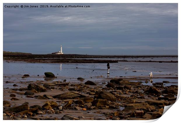 Walking the dog on the beach Print by Jim Jones