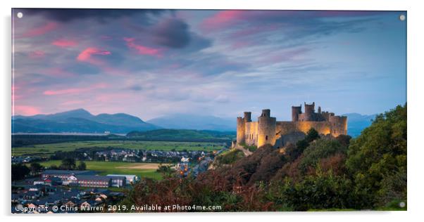Harlech Castle at twilight with a pink sky sunset Acrylic by Chris Warren