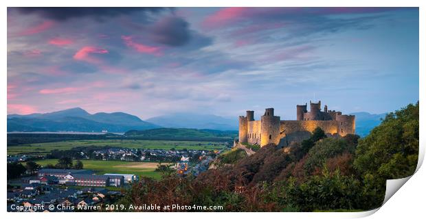 Harlech Castle at twilight with a pink sky sunset Print by Chris Warren