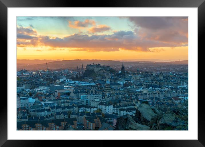Sunset over Edinburgh from the Crags Framed Mounted Print by Miles Gray