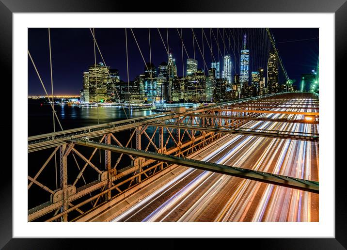 Brooklyn Bridge New York City At Night Framed Mounted Print by Chris Curry