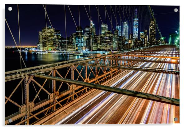 Brooklyn Bridge New York City At Night Acrylic by Chris Curry