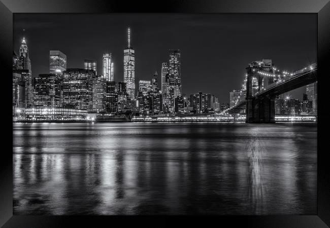 New York Skyline & Brooklyn Bridge Black & White Framed Print by Chris Curry
