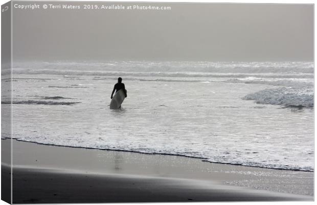 Surfer In The Mist Canvas Print by Terri Waters