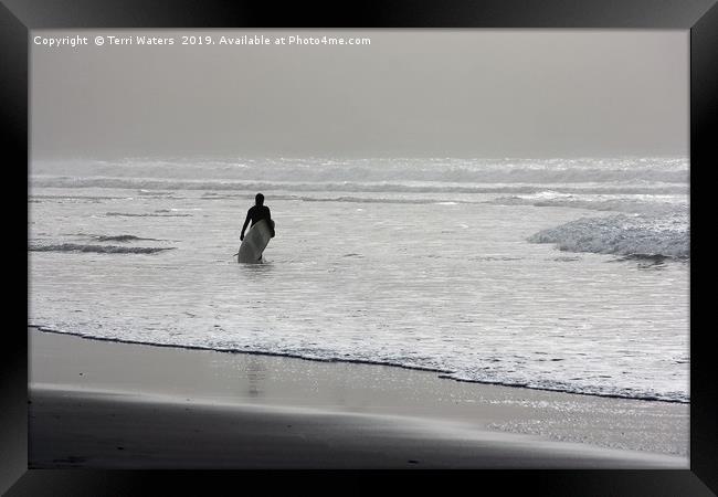 Surfer In The Mist Framed Print by Terri Waters