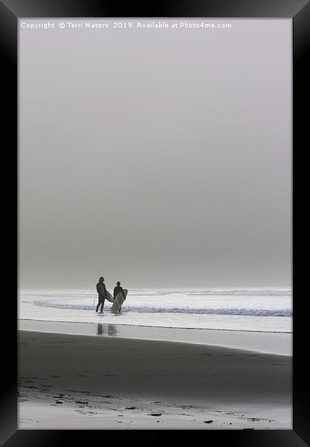 Surfers In The Mist Framed Print by Terri Waters