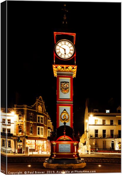 Weymouth Jubilee Clock at Night  Canvas Print by Paul Brewer