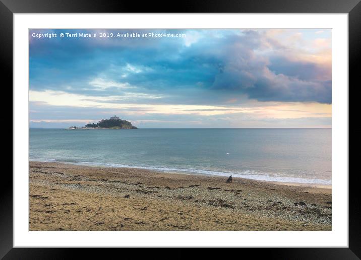 St Michael's Mount, a Dog and a Drone at Sunset Framed Mounted Print by Terri Waters