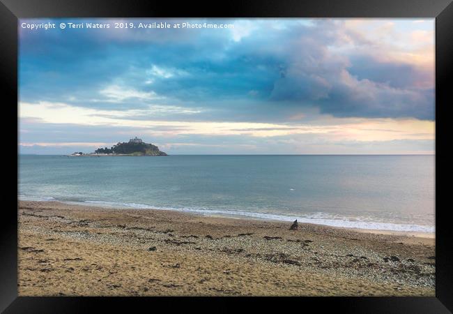 St Michael's Mount, a Dog and a Drone at Sunset Framed Print by Terri Waters
