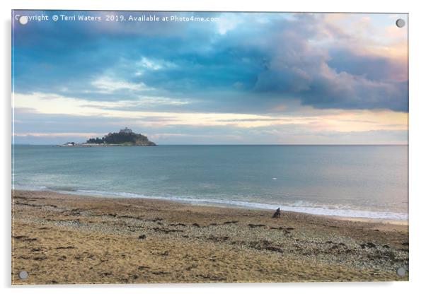 St Michael's Mount, a Dog and a Drone at Sunset Acrylic by Terri Waters