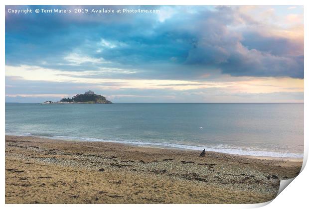 St Michael's Mount, a Dog and a Drone at Sunset Print by Terri Waters