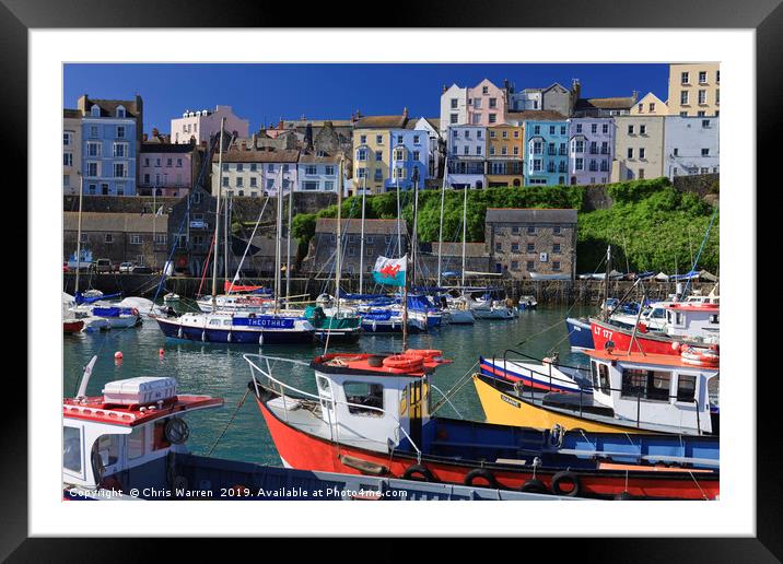 Welsh flag on a boat flying in Tenby harbour Framed Mounted Print by Chris Warren