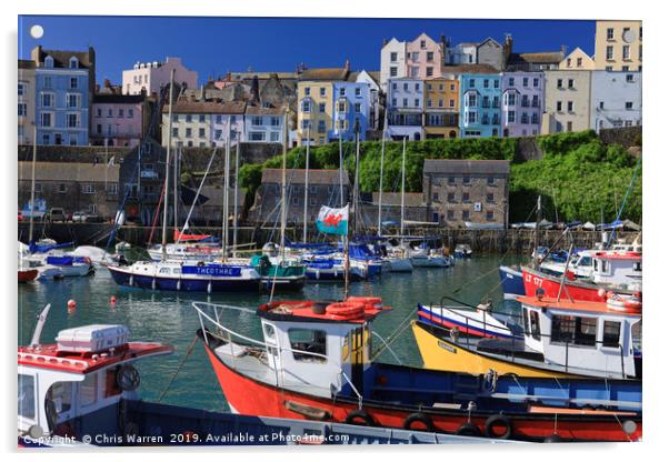 Welsh flag on a boat flying in Tenby harbour Acrylic by Chris Warren