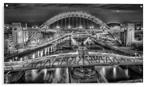 Black and White Bridges of the Tyne Acrylic by Naylor's Photography