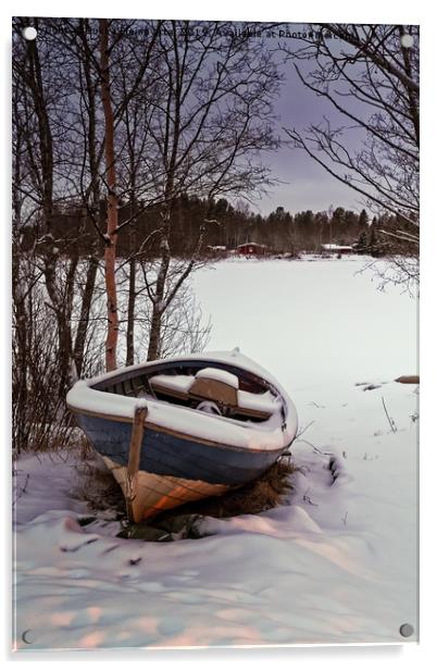 Fishing Boat Under Snow Acrylic by Jukka Heinovirta