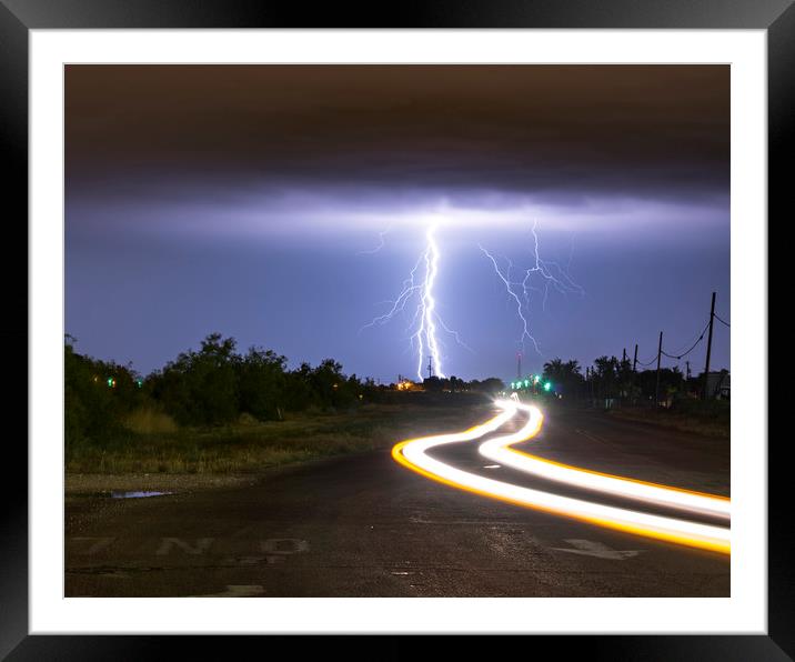 Lightning light trails, New Mexico Framed Mounted Print by John Finney