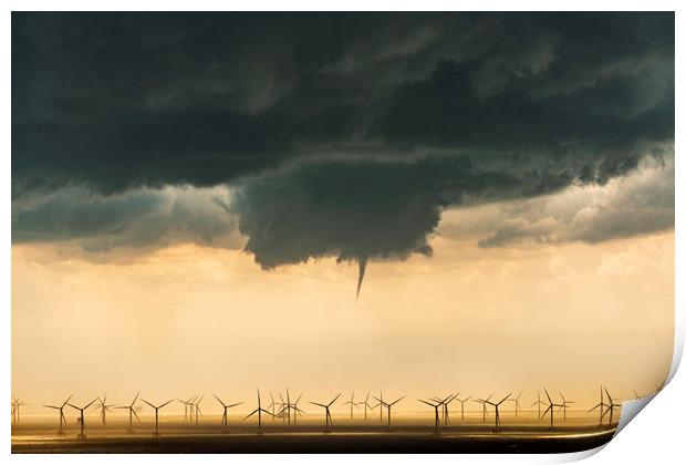 A funnel cloud over a wind farm  Print by John Finney