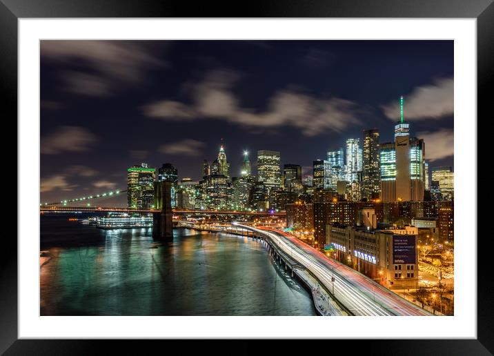 New York City Lights & Brooklyn Bridge Framed Mounted Print by Chris Curry