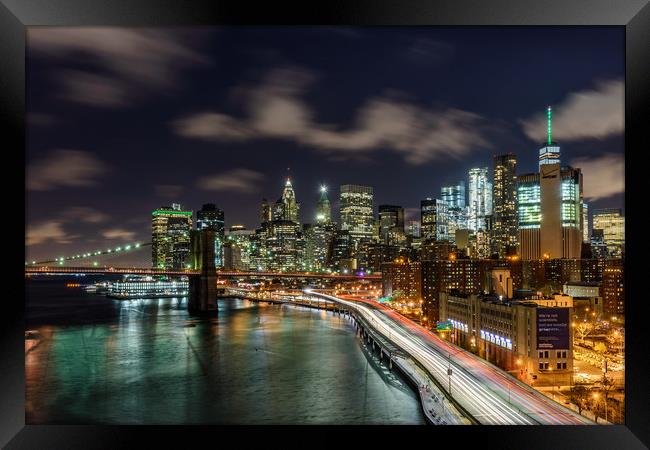 New York City Lights & Brooklyn Bridge Framed Print by Chris Curry