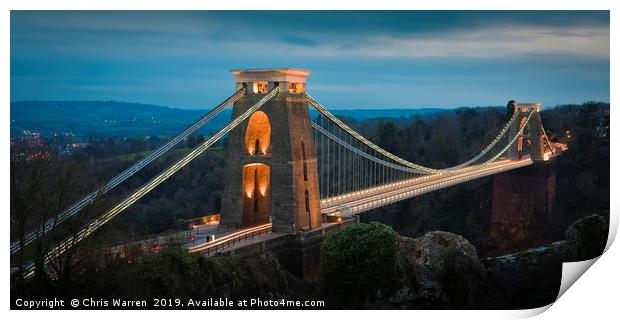 Clifton Suspension Bridge Bristol twilight Print by Chris Warren